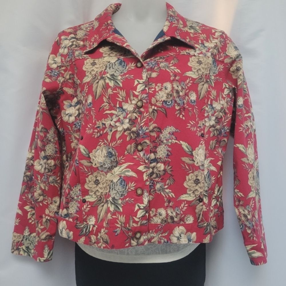 Marisa Christina Floral Trucker Jacket Classic Style Unlined Button Pockets XL